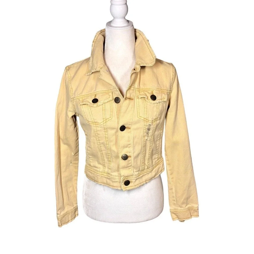 Free‎ People Jacket Womens 4 Pastel Yellow Button Collar Pockets Rumors Denim